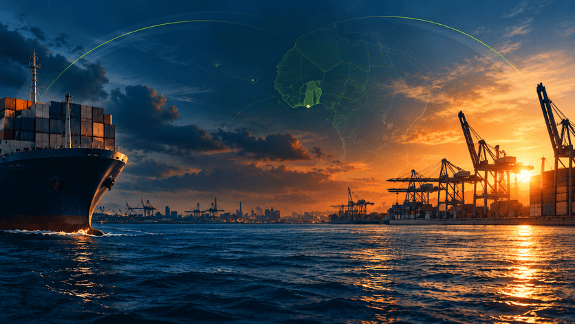 Cargo ship arriving at a container port at sunset